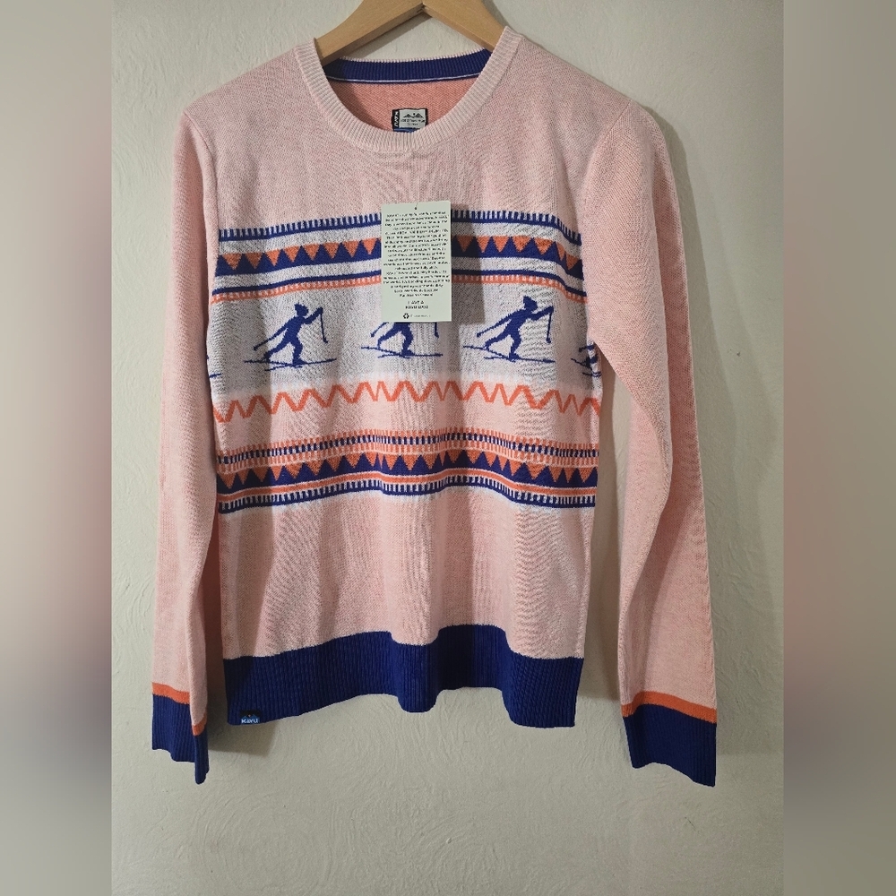 NWT, Kavu, Hillrose Sweater Apres Ski, Peach/Blue, Size Medium, MSRP $85 - Picture 8 of 13